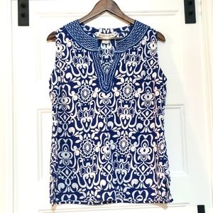 David Brooks Linen Blend Tunic Top Womens L Blue White Embroidered Trim